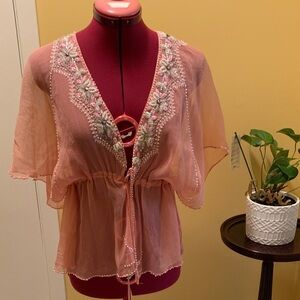 Lotta Stensson 100% Hand-Embroidered Silk Coverlet – Blush Boho Luxe Robe/Jacket